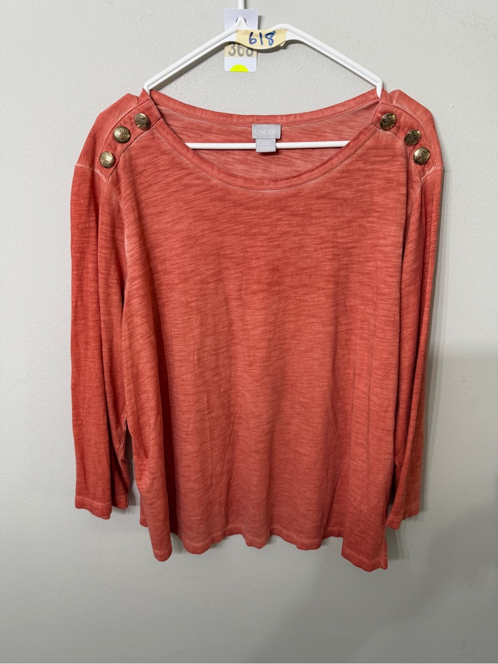 Women’s Chico’s Size 3 XL Coral Button Shoulder Long Sleeve Top